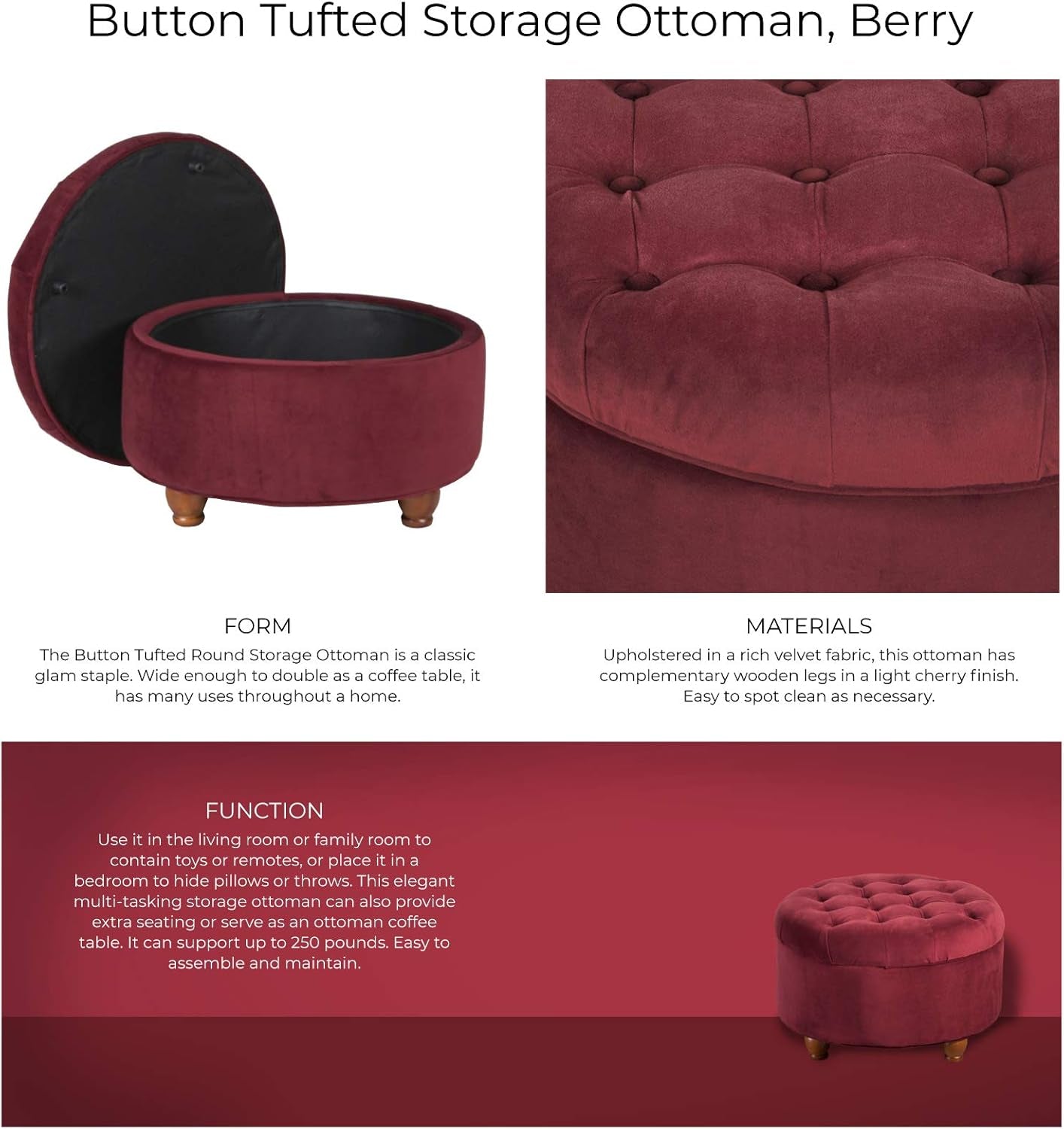 Home Decor |N8264-B119 | Large Button Tufted Velvet round Storage Ottoman | Ottoman with Storage for Living Room & Bedroom, Berry