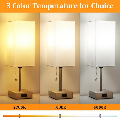 Touch Control Bedside Lamp, 3 Way Dimmable Nightstand Lamp with 2 USB Ports & AC Outlet, Modern Style, White Fabric Shade | Table Lamps for Nightstand with AC Outlets,Small Night Light Lamps for Living Room Kids Office Decor（Nickle）