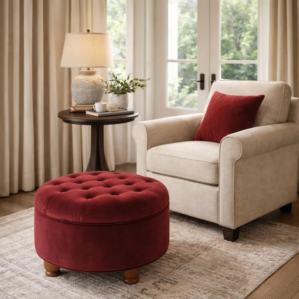 Home Decor |N8264-B119 | Large Button Tufted Velvet round Storage Ottoman | Ottoman with Storage for Living Room & Bedroom, Berry