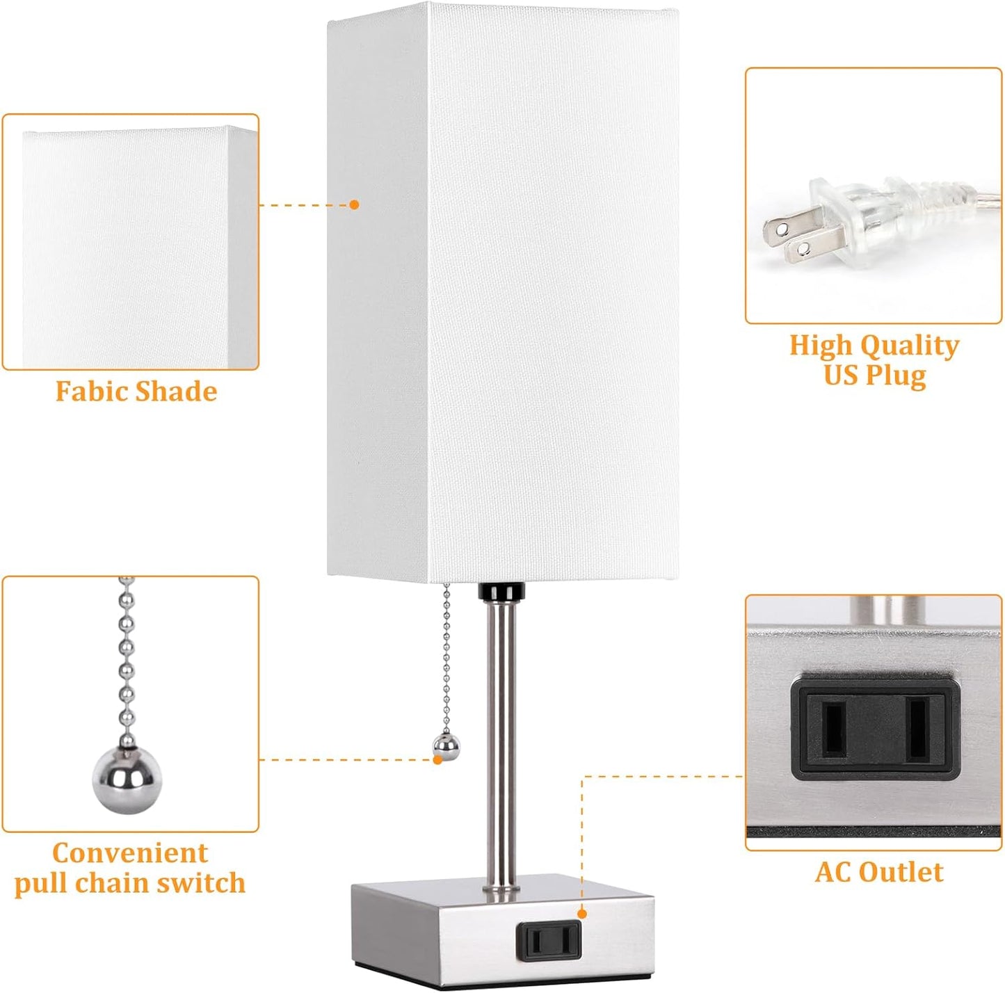 Touch Control Bedside Lamp, 3 Way Dimmable Nightstand Lamp with 2 USB Ports & AC Outlet, Modern Style, White Fabric Shade | Table Lamps for Nightstand with AC Outlets,Small Night Light Lamps for Living Room Kids Office Decor（Nickle）