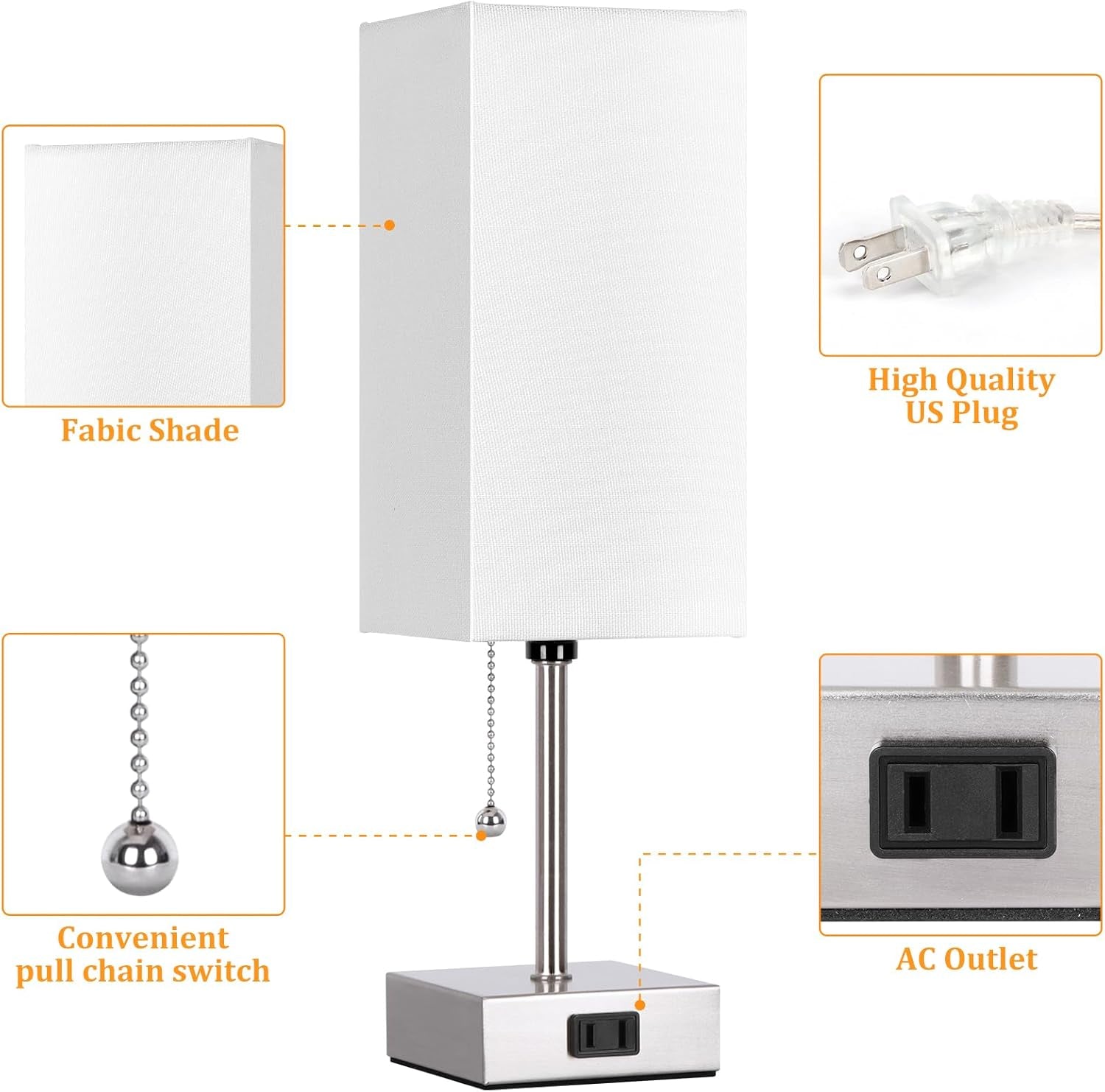Touch Control Bedside Lamp, 3 Way Dimmable Nightstand Lamp with 2 USB Ports & AC Outlet, Modern Style, White Fabric Shade | Table Lamps for Nightstand with AC Outlets,Small Night Light Lamps for Living Room Kids Office Decor（Nickle）
