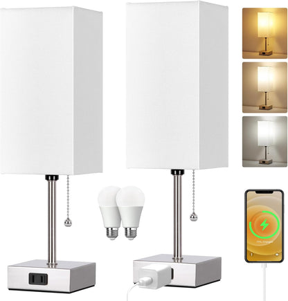 Touch Control Bedside Lamp, 3 Way Dimmable Nightstand Lamp with 2 USB Ports & AC Outlet, Modern Style, White Fabric Shade | Table Lamps for Nightstand with AC Outlets,Small Night Light Lamps for Living Room Kids Office Decor（Nickle）