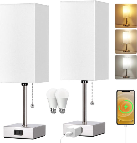 Touch Control Bedside Lamp, 3 Way Dimmable Nightstand Lamp with 2 USB Ports & AC Outlet, Modern Style, White Fabric Shade | Table Lamps for Nightstand with AC Outlets,Small Night Light Lamps for Living Room Kids Office Decor（Nickle）