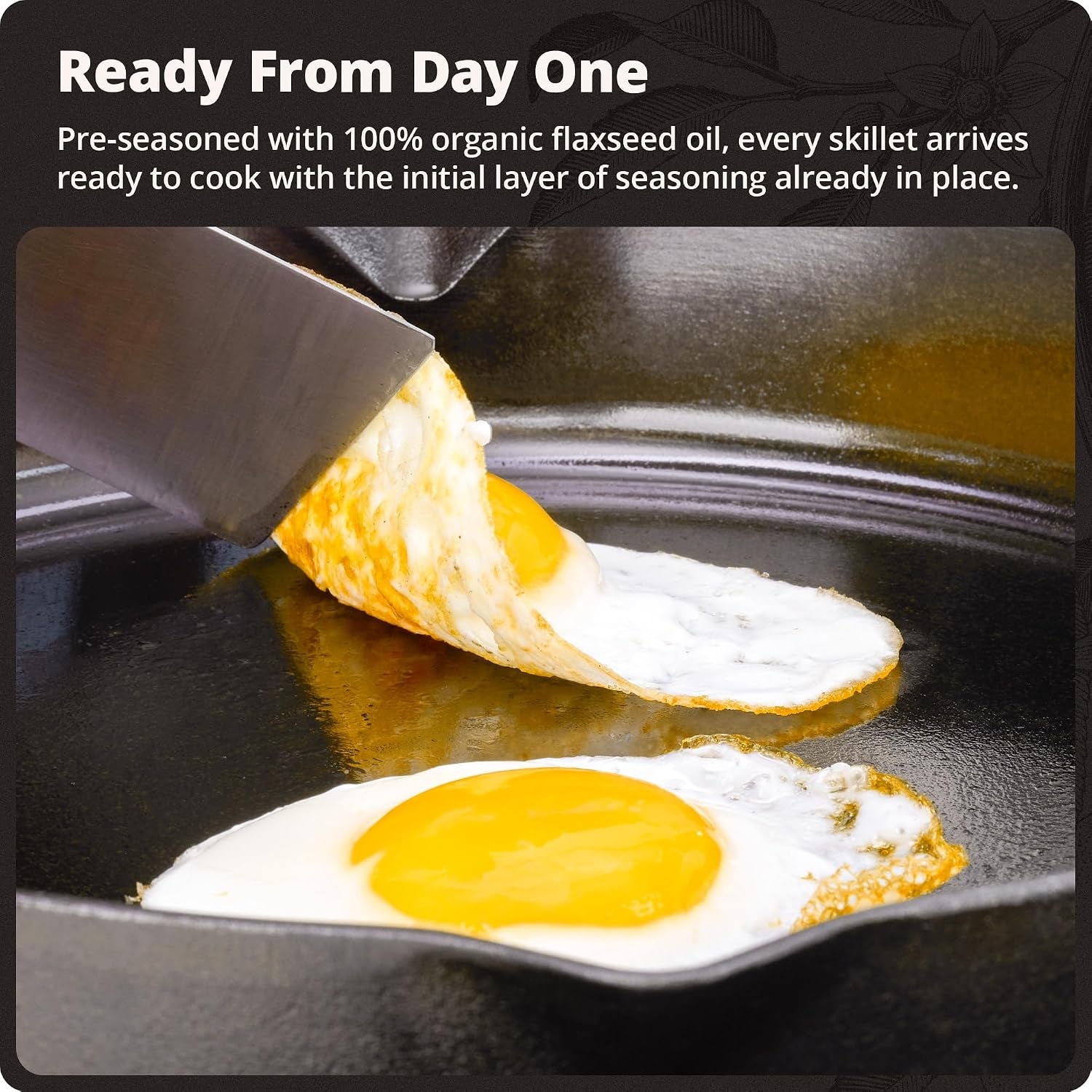 10" Cast Iron Skillet, Smooth Surface, Nonstick-Like Release | Polished & Precision-Milled, 100% Organic Flaxseed Oil, No Synthetic Coating, Oven, Grill, Induction Ready, Pre-Seasoned