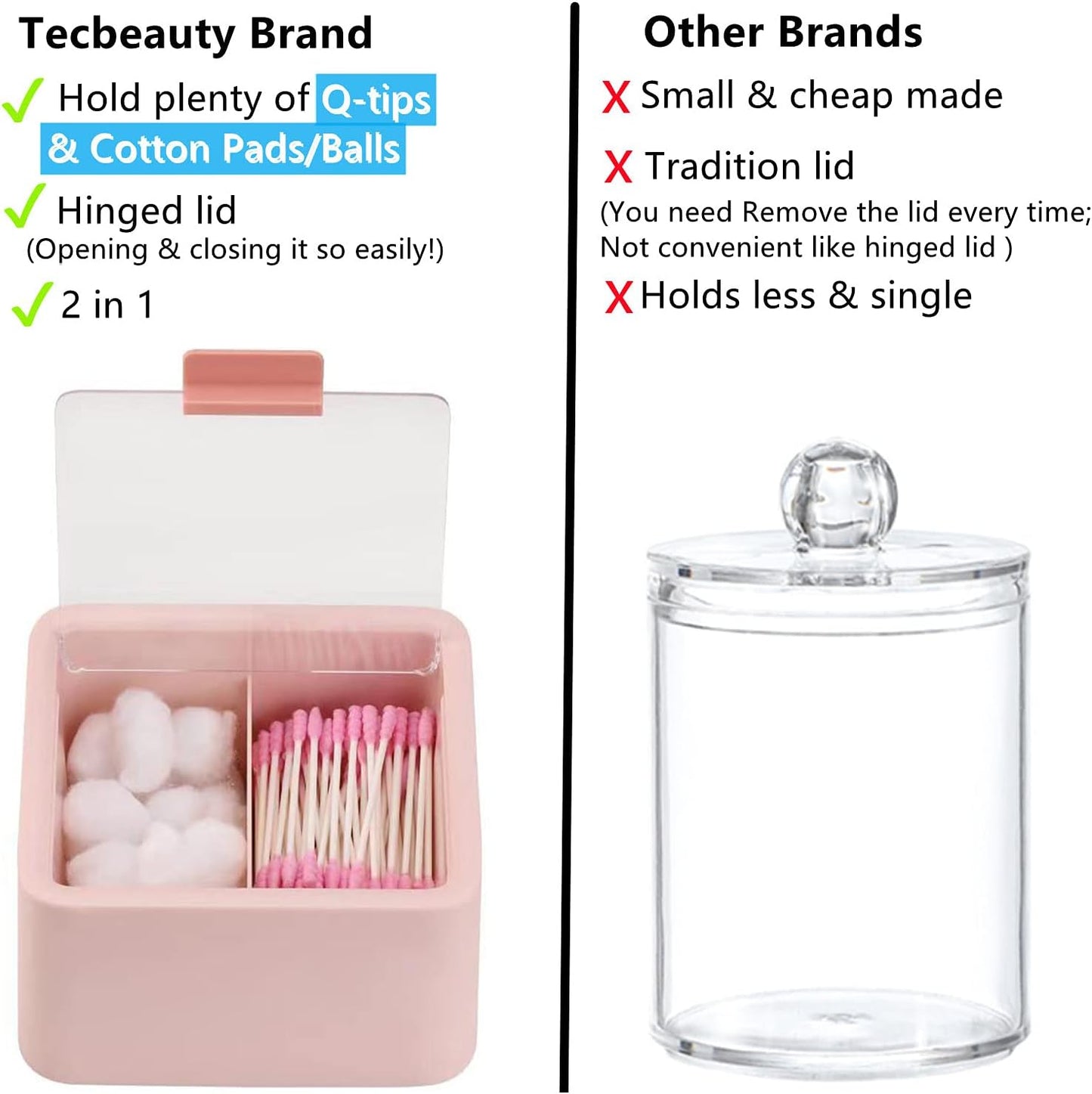 Qtips Storage Organizer - 2 Grids Separate Cotton Swabs Dispenser Qtips Holder Bathroom Canisters with Hinged Lids for Cotton Balls, Pads, Pink