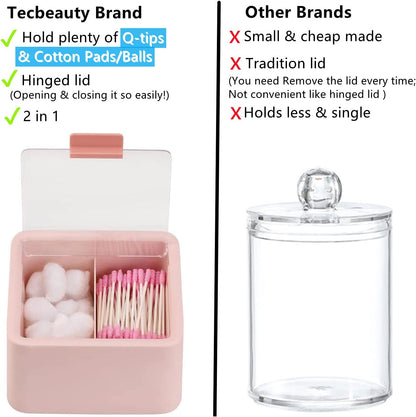 Qtips Storage Organizer - 2 Grids Separate Cotton Swabs Dispenser Qtips Holder Bathroom Canisters with Hinged Lids for Cotton Balls, Pads, Pink