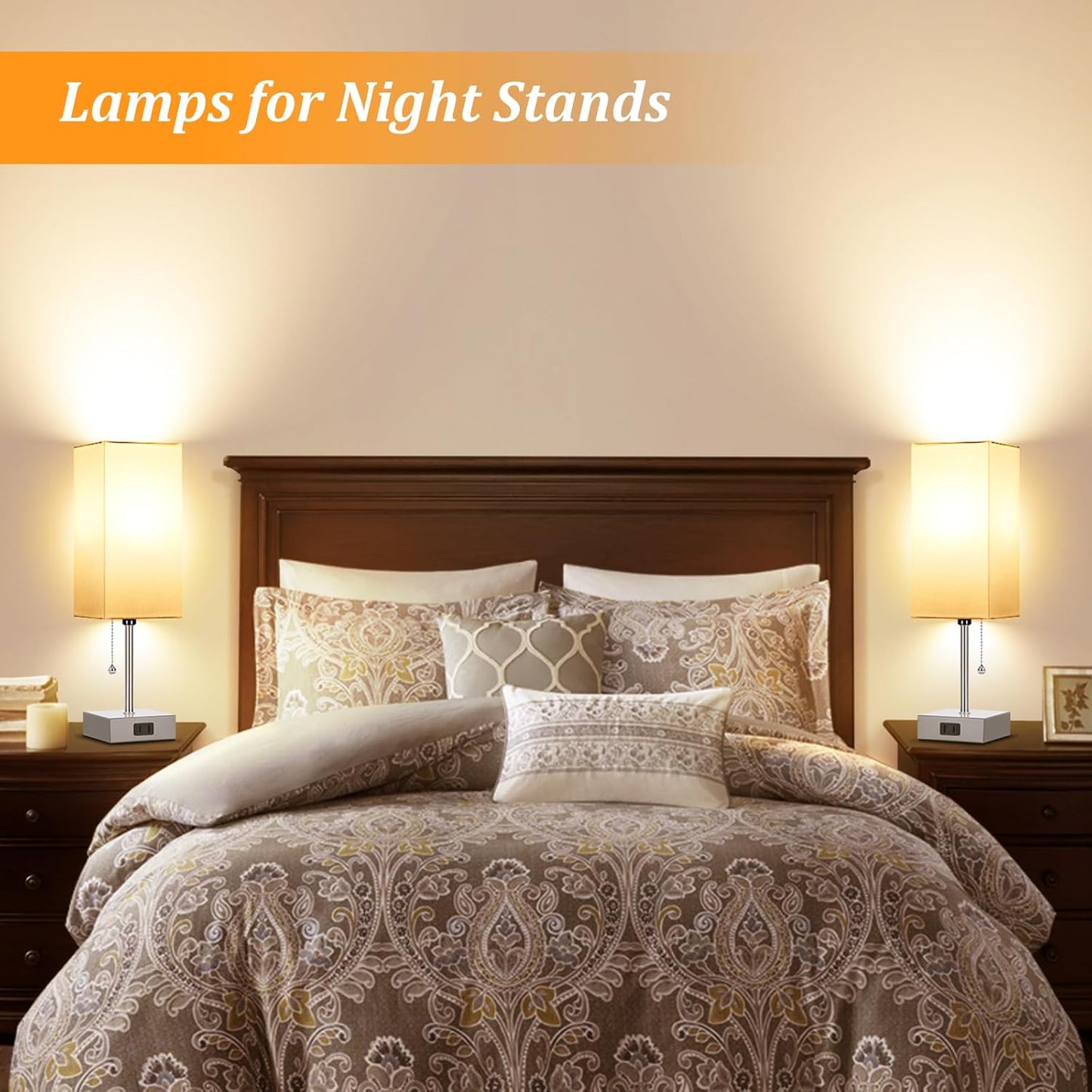 Touch Control Bedside Lamp, 3 Way Dimmable Nightstand Lamp with 2 USB Ports & AC Outlet, Modern Style, White Fabric Shade | Table Lamps for Nightstand with AC Outlets,Small Night Light Lamps for Living Room Kids Office Decor（Nickle）