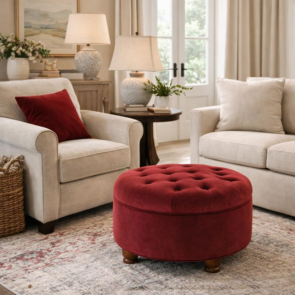 Home Decor |N8264-B119 | Large Button Tufted Velvet round Storage Ottoman | Ottoman with Storage for Living Room & Bedroom, Berry