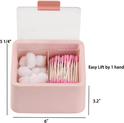 Qtips Storage Organizer - 2 Grids Separate Cotton Swabs Dispenser Qtips Holder Bathroom Canisters with Hinged Lids for Cotton Balls, Pads, Pink