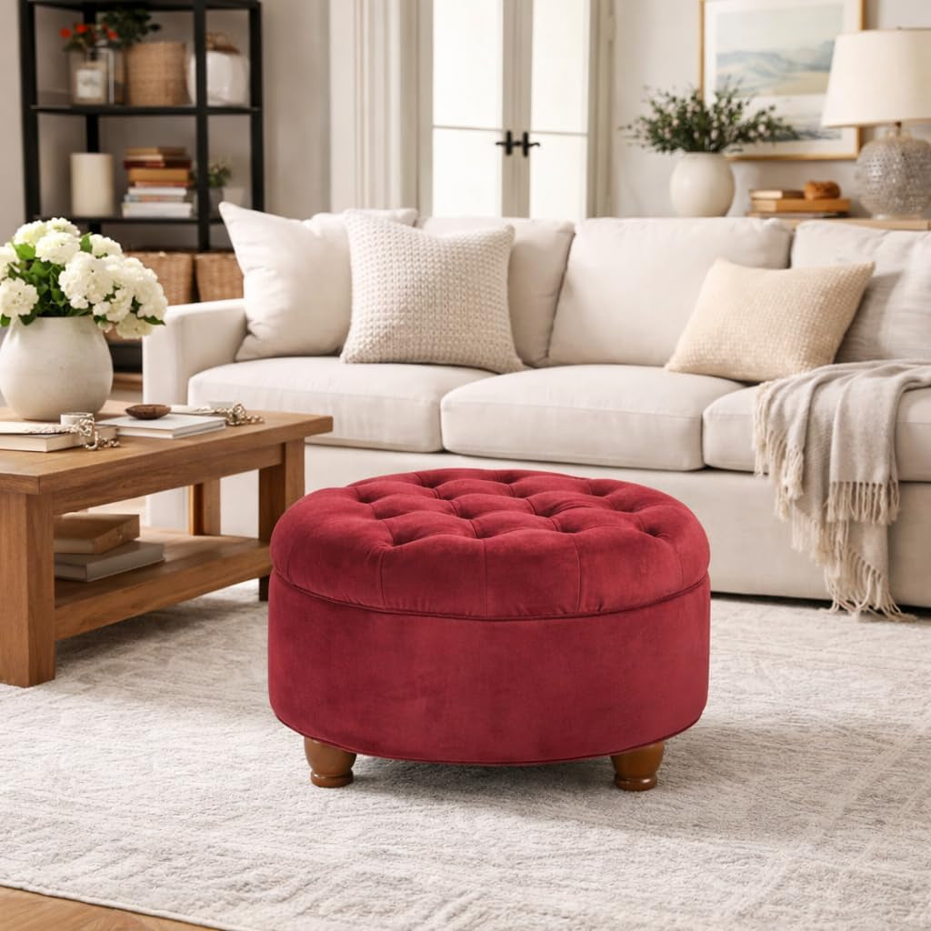 Home Decor |N8264-B119 | Large Button Tufted Velvet round Storage Ottoman | Ottoman with Storage for Living Room & Bedroom, Berry
