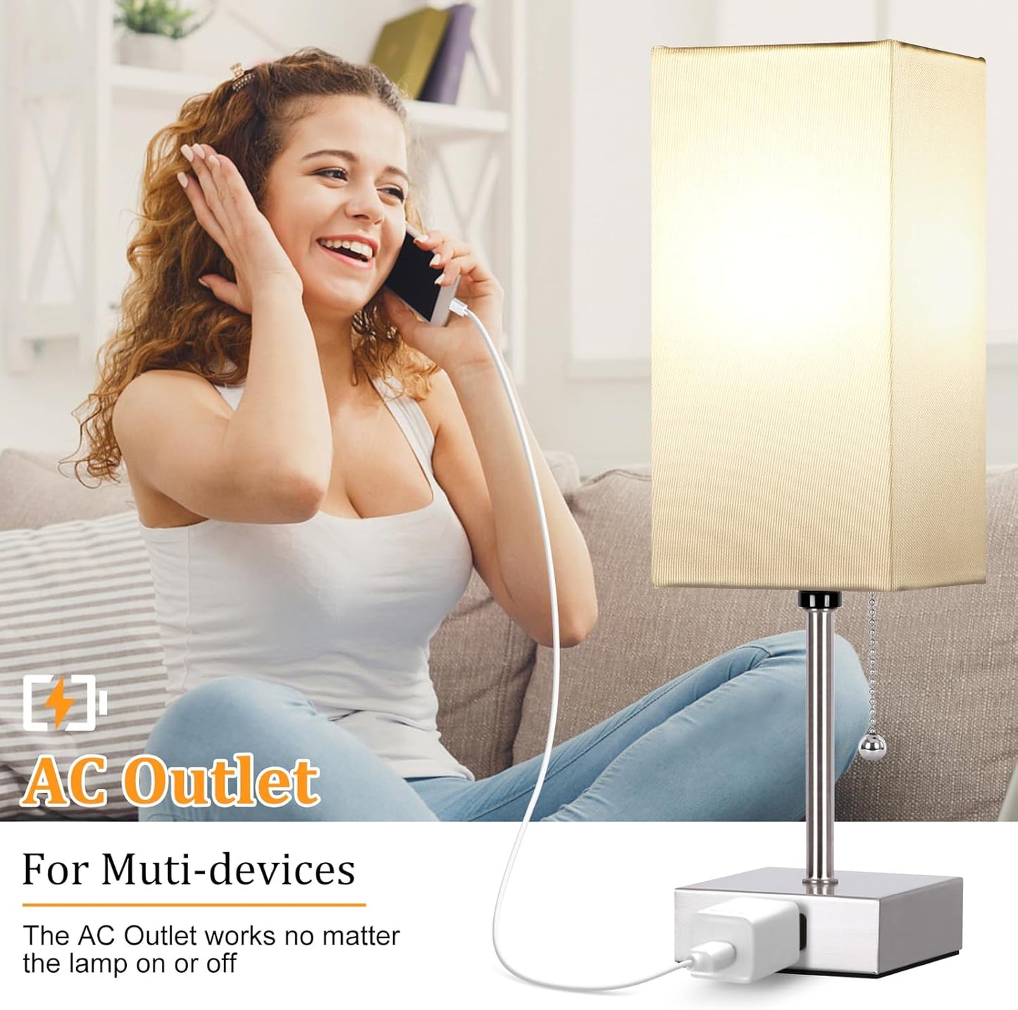 Touch Control Bedside Lamp, 3 Way Dimmable Nightstand Lamp with 2 USB Ports & AC Outlet, Modern Style, White Fabric Shade | Table Lamps for Nightstand with AC Outlets,Small Night Light Lamps for Living Room Kids Office Decor（Nickle）