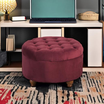 Home Decor |N8264-B119 | Large Button Tufted Velvet round Storage Ottoman | Ottoman with Storage for Living Room & Bedroom, Berry