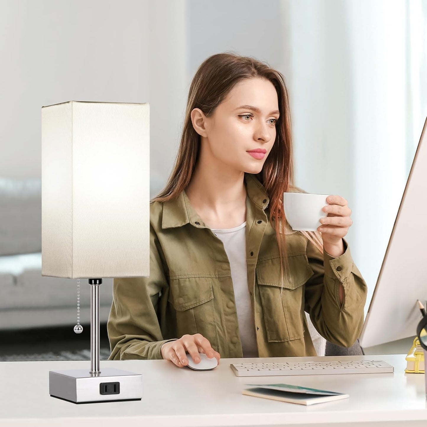 Touch Control Bedside Lamp, 3 Way Dimmable Nightstand Lamp with 2 USB Ports & AC Outlet, Modern Style, White Fabric Shade | Table Lamps for Nightstand with AC Outlets,Small Night Light Lamps for Living Room Kids Office Decor（Nickle）