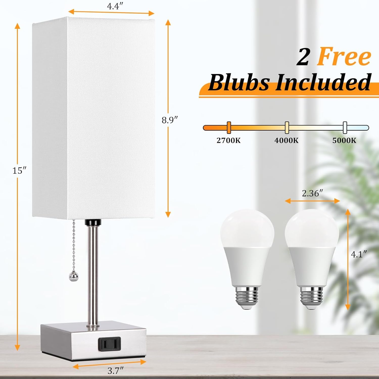 Touch Control Bedside Lamp, 3 Way Dimmable Nightstand Lamp with 2 USB Ports & AC Outlet, Modern Style, White Fabric Shade | Table Lamps for Nightstand with AC Outlets,Small Night Light Lamps for Living Room Kids Office Decor（Nickle）