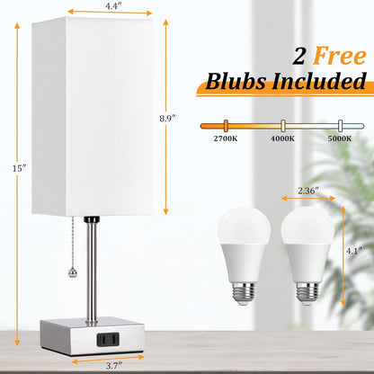 Touch Control Bedside Lamp, 3 Way Dimmable Nightstand Lamp with 2 USB Ports & AC Outlet, Modern Style, White Fabric Shade | Table Lamps for Nightstand with AC Outlets,Small Night Light Lamps for Living Room Kids Office Decor（Nickle）