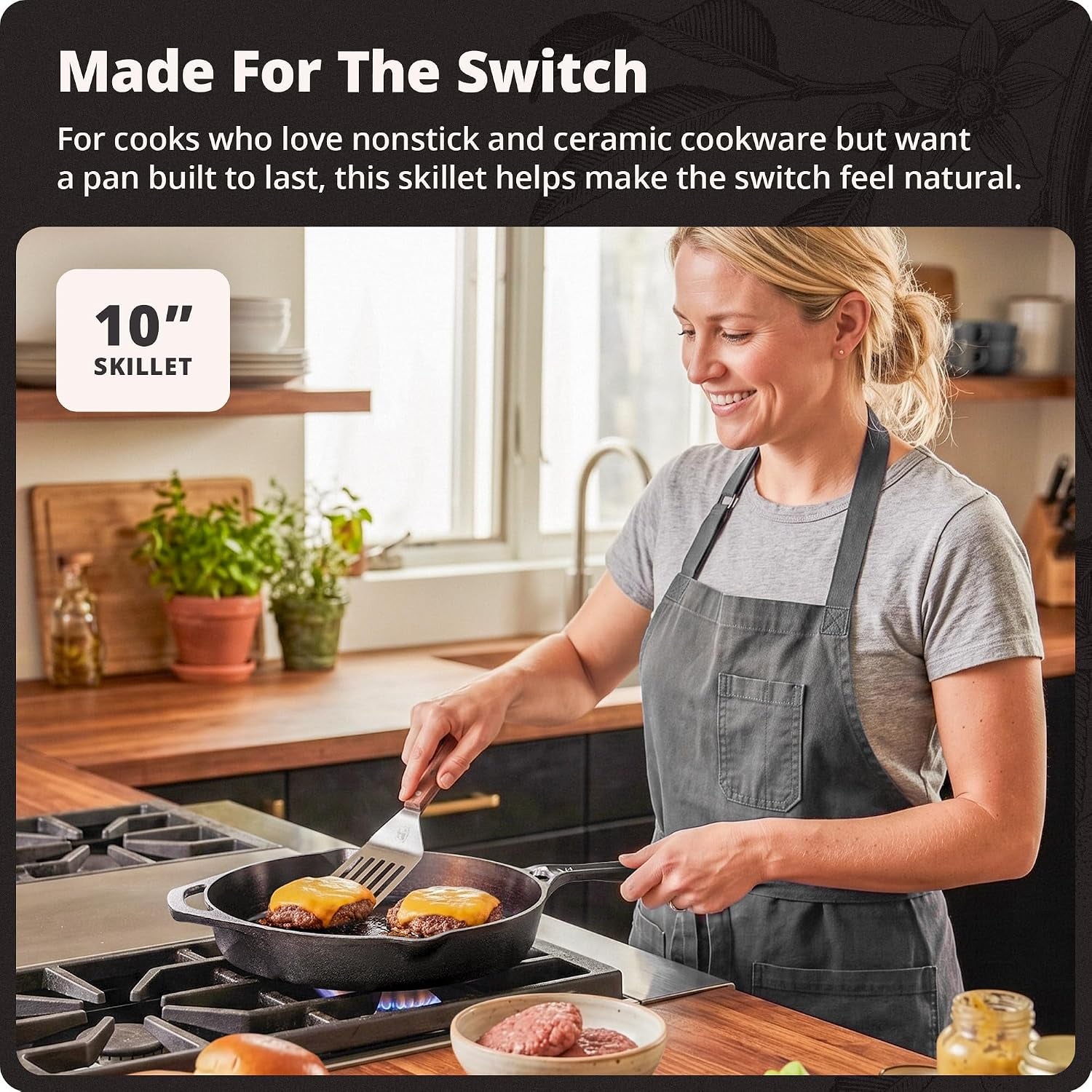 10" Cast Iron Skillet, Smooth Surface, Nonstick-Like Release | Polished & Precision-Milled, 100% Organic Flaxseed Oil, No Synthetic Coating, Oven, Grill, Induction Ready, Pre-Seasoned